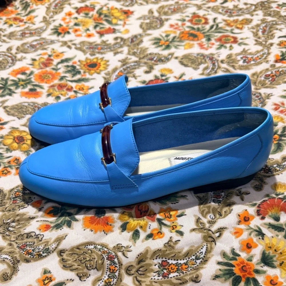 Mootsies Tootsies vintage Blue Leather Loafers Tortoiseshell Bar Flats 10M